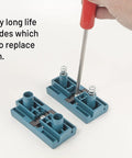 AU93 Edge Banding Trimmer With Dual Edge Cutting And Scraper showing replaceable cutter blades in blue casing with red screwdriver