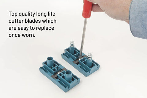 AU93 Edge Banding Trimmer With Dual Edge Cutting And Scraper showing replaceable cutter blades in blue casing with red screwdriver