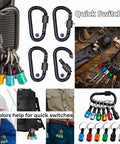 Aluminum Alloy Quarter Inch Hex Shank Screwdriver Bits Holder Extension Bar with colored keychain adapters on a backpack.