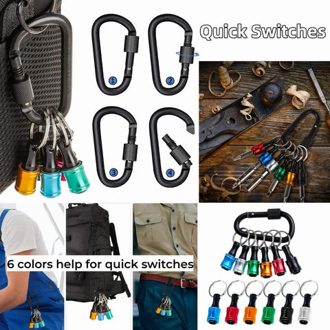 Aluminum Alloy Quarter Inch Hex Shank Screwdriver Bits Holder Extension Bar with colored keychain adapters on a backpack.