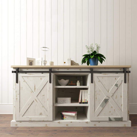 Mini Barn Door Hardware Kit for Double Cabinets in Matte Black, Classic Strap Design installed on white wood cabinet