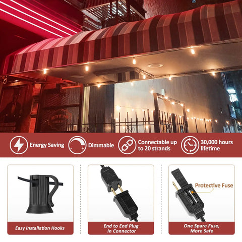 100Ft Outdoor LED String Lights Dimmable Patio Lights With Shatterproof ST38 Vintage Bulbs 2200K Warm White IP44 Waterproof