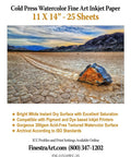 11x14 Cold Press Watercolor Paper for Inkjet Printers, 25 Sheets packaging with landscape image and features list.
