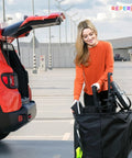 Large Stroller Travel Bag For Airplane Use Waterproof Nylon Construction shown next to car with woman placing stroller inside