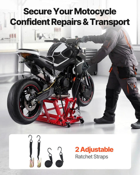 Hydraulic Motorcycle Lift Jack With 1500 Lbs Capacity, Portable ATV And Dirt Bike Hoist Stand With Four Wheels, Height Range 4.5 To 15.2 Inches, Foot Operated Hydraulic Lift For Easy Bike Maintenance