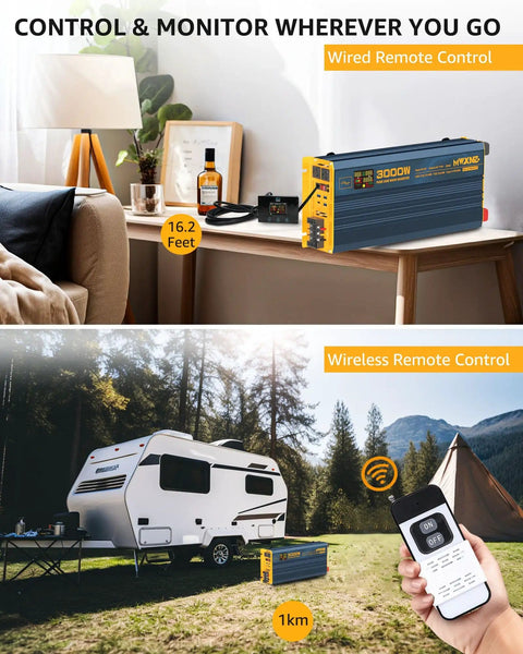 3000W Pure Sine Wave Inverter From 12V DC to 110V and 120V used in RVs and homes with wired and wireless remote controls