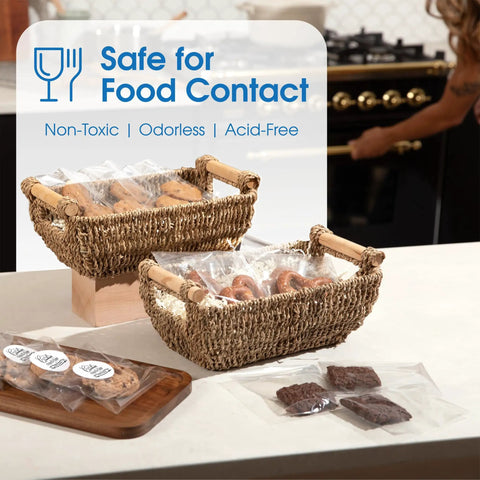 6x9 Inch Self Sealing Cellophane Bags 1000 Count Crystal Clear Resealable Cello Bags with food items in wicker baskets on a counter