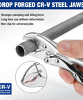 Mini 4 Inch Curved Jaw Locking Pliers With Wire Cutter Chrome Vanadium Steel Vise Grips holding a metal pipe, close-up view