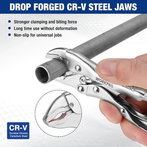 Mini 4 Inch Curved Jaw Locking Pliers With Wire Cutter Chrome Vanadium Steel Vise Grips holding a metal pipe, close-up view