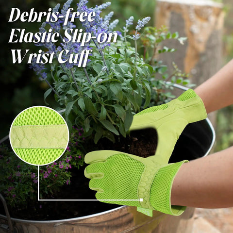 Women Work Gloves With 3D Mesh Breathable Leather For Gardening And Yard Work Durable Pigskin Palm For Grip Like A Pro And Hand Protection From Thorns And Scrapes Ideal For Gardeners Farmers Landscapers And Movers, showing light green gloves with elastic wrist cuff