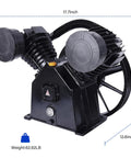 Hefty Cast Iron Twin Cylinder Replacement Air Compressor Pump Head Crushing It With Serious CFM Output For Impact Wrenches And Blasting Jobs With Bulletproof Construction, 17.7x16.8x12.6 inches.