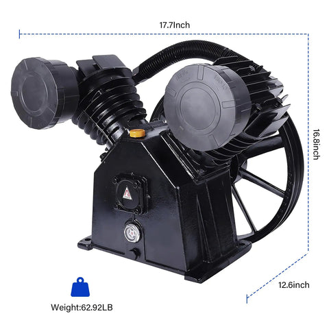 Hefty Cast Iron Twin Cylinder Replacement Air Compressor Pump Head Crushing It With Serious CFM Output For Impact Wrenches And Blasting Jobs With Bulletproof Construction, 17.7x16.8x12.6 inches.