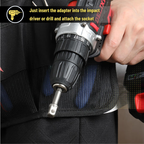 10-Piece Heavy Duty Impact Socket Adapter Set For Drills in use with impact driver showing 3/8 inch square tip and 1/4 inch hex shank