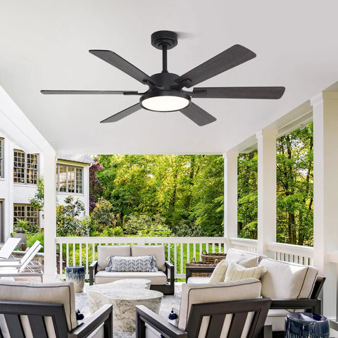 52 Inch Black Low Profile Ceiling Fan With Light And Remote, Dimmable LED, Flush Mount on patio with seating area.