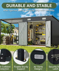 Two In One Outdoor Storage Shed And Gazebo Combo With Heavy Duty Metal Frame, Six By Four Ft Storage Shed Plus Twelve By Four Ft Open Sided Pergola shown on a patio.