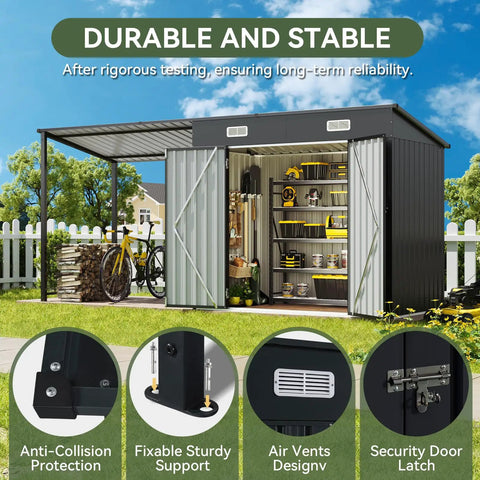 Two In One Outdoor Storage Shed And Gazebo Combo With Heavy Duty Metal Frame, Six By Four Ft Storage Shed Plus Twelve By Four Ft Open Sided Pergola shown on a patio.