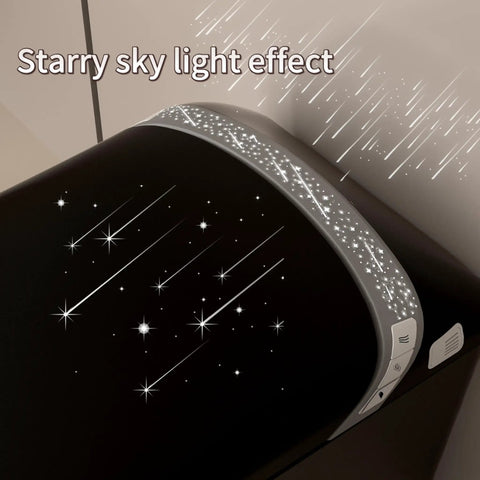 Slick Black Smart Toilet With Built In Bidet And Heated Seat Offering Pre Wet Rinse And Adjustable Warm Water Streams For A Legit Top Shelf Fresh Setup Straight Up starry sky light effect on the lid.