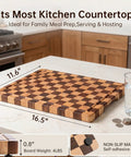 Real Deal Acacia Wood Checkered Cutting Board With Deep Juice Grooves And Solid Handles Large 17 Inch Butcher Block on kitchen counter.