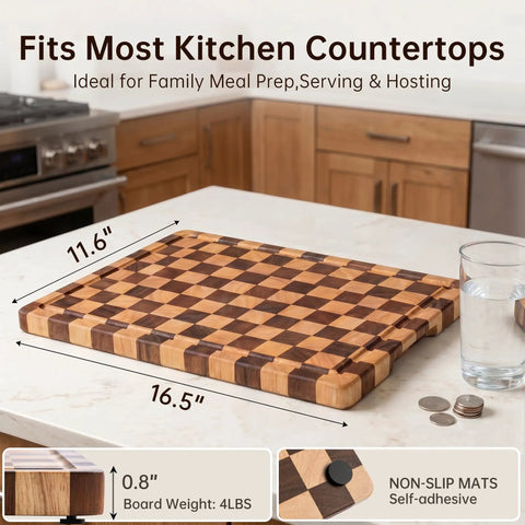 Real Deal Acacia Wood Checkered Cutting Board With Deep Juice Grooves And Solid Handles Large 17 Inch Butcher Block on kitchen counter.