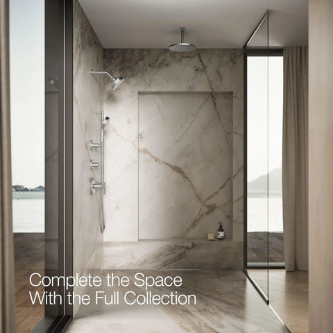 Modern bathroom with Purist Three Function Shower Head With 1.75 GPM High Pressure Spray, polished chrome finish.