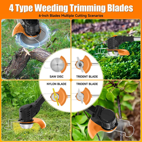 Cordless Weed Eater With Dual 21V Batteries, showing 3 blade types for grass trimming, edging, and brush clearing.