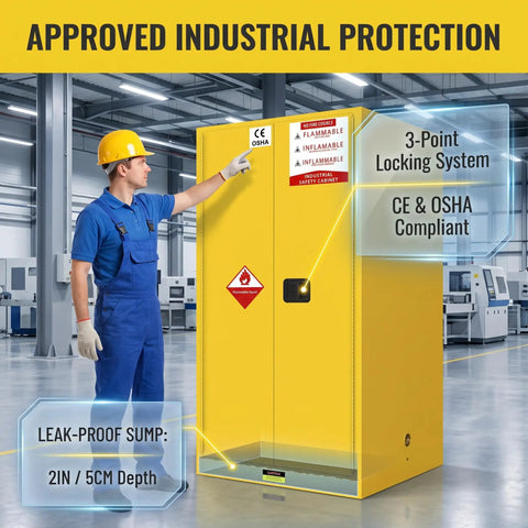 Person interacting with 40 By 40 By 75 Inch Flammable Safety Cabinet 450 Gallon Heavy Duty 2 Door Fireproof Storage for hazardous liquids.