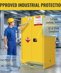 Worker pointing to labeling on Heavy Duty 450 Gallon Galvanized Steel Flammable Chemical Safety Cabinet With Double Wall Fireproof Construction