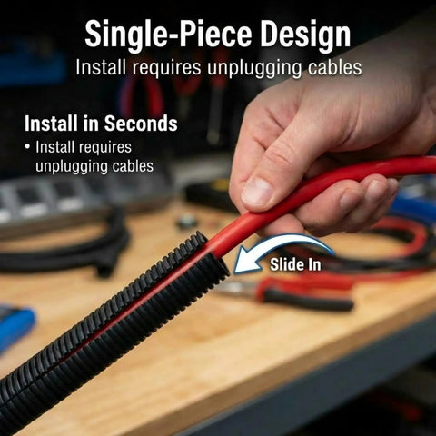 Hand holding 1 Inch By 10 Foot Split Wire Loom Tubing Black Automotive Wire Protector Conduit Electrical Cover for easy installation