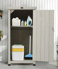 Front view of a Backyard Ready Weatherproof Outdoor Storage Cabinet with Potting Bench Table Shelves and Rust Proof Metal Top for Patio and Garden Easy Assembly with Numbered Parts Water Seal Coating Wooden Planting Work Station