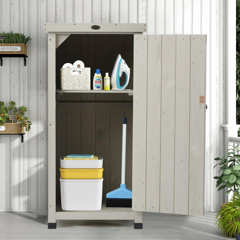 Front view of a Backyard Ready Weatherproof Outdoor Storage Cabinet with Potting Bench Table Shelves and Rust Proof Metal Top for Patio and Garden Easy Assembly with Numbered Parts Water Seal Coating Wooden Planting Work Station