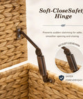 Handwoven Water Hyacinth Storage Trunk With Lid And Handles, detail of soft-close safety hinge for safer opening and closing.