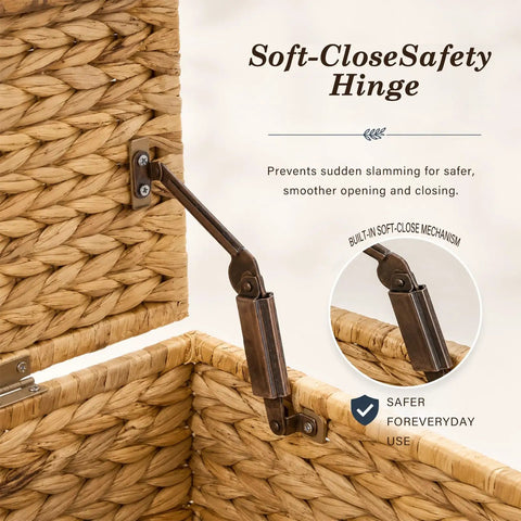 Handwoven Water Hyacinth Storage Trunk With Lid And Handles, detail of soft-close safety hinge for safer opening and closing.