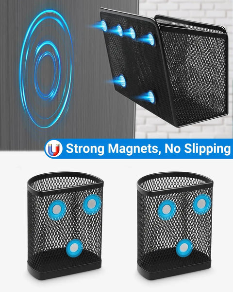 Magnetic Pen Holder With Heavy Duty Magnets Metal Pen Cup and Marker Storage Organizer displayed on metal surface