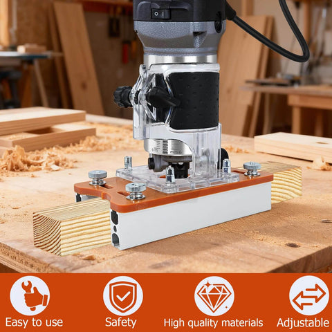 Pro Grade 2-In-1 Router Jig For Slotting And Positioning, Heavy Duty Aluminum Adjustable Bracket, visible on a workbench