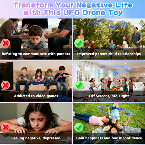 Chart contrasting kids drone indoor and outdoor fun with video games, highlighting improved relationships and happiness.