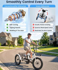 20 Inch Fat Tire Electric Tricycle For Adults With Folding 3 Wheels, 750W Peak Motor, 15.5 MPH, 95 Percent Pre Assembled, Easy Setup With Bracket, Durable Battery, Smooth Ride, All Terrain E Trike For Fun And Commute, rider on white fat tire trike on suburban road