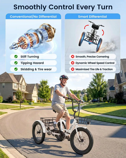 20 Inch Fat Tire Electric Tricycle For Adults With Folding 3 Wheels, 750W Peak Motor, 15.5 MPH, 95 Percent Pre Assembled, Easy Setup With Bracket, Durable Battery, Smooth Ride, All Terrain E Trike For Fun And Commute, rider on white fat tire trike on suburban road