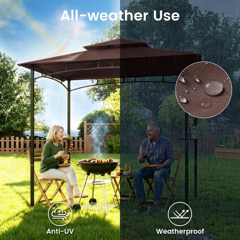 8x5 Grill Gazebo All Weather Outdoor BBQ Canopy with Steel Frame Two Shelves and Utensil Organizer Bottle Opener in backyard