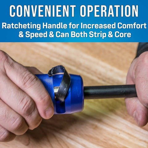 Hands using Hardline Coring And Stripping Tool Kit For 540QR Cable With Heavy Duty Aluminum Body to strip cable