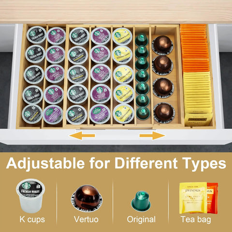 Expandable Bamboo K Cup Holder For Drawer Or Countertop Coffee Pod Storage Organizer with K cups and tea bags visible