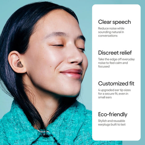 Person wearing Engage 2 Ear Plugs For Everyday Noise Relief With Clear Speech At Social Gatherings, 16 dB Noise Reduction
