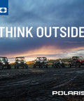 Lineup of various UTV models under a dramatic sky with 'Think Outside' text, showcasing off-road utility vehicles.