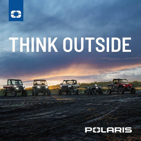 Lineup of various UTV models under a dramatic sky with 'Think Outside' text, showcasing off-road utility vehicles.
