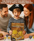 Pirate Treasure Dig Kit for Kids 6 and Up, boy in pirate hat holding coin replica box with family