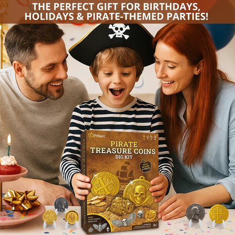 Pirate Treasure Dig Kit for Kids 6 and Up, boy in pirate hat holding coin replica box with family