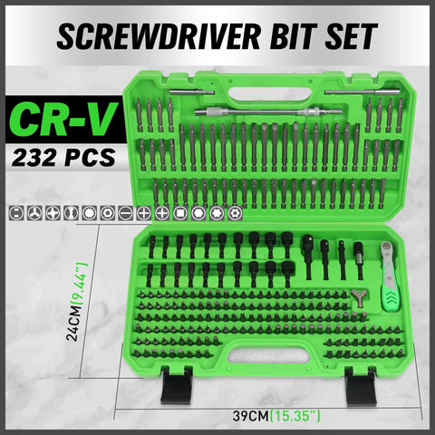 232-Piece Ultimate Screwdriver Bit Set For Impact Drivers And Wrenches With Cr-V Steel, Magnetic Security Bits in green case