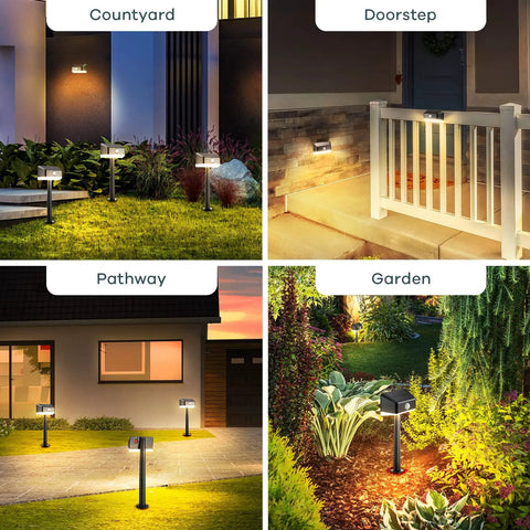 Solar Pathway Lights With Motion Sensor Waterproof Outdoor LED 2 In 1 Lights illuminating various outdoor settings