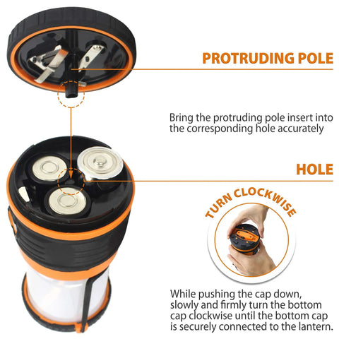 Step-by-step guide for battery insertion into Bright 1800 Lumen Go-To Camping Lantern With Four Lighting Modes Battery Powered Emergency Light For Power Outages Storm Prep Hiking Fishing Survival Kits Home And Outdoors.