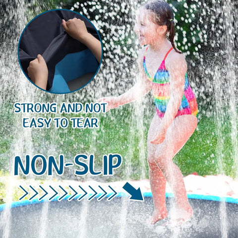 Child playing on 10 Ft Extra Large Non Slip Splash Pad For Kids Adults And Dogs Blue Backyard Water Play Mat Giant Sprinkler Pool Toy