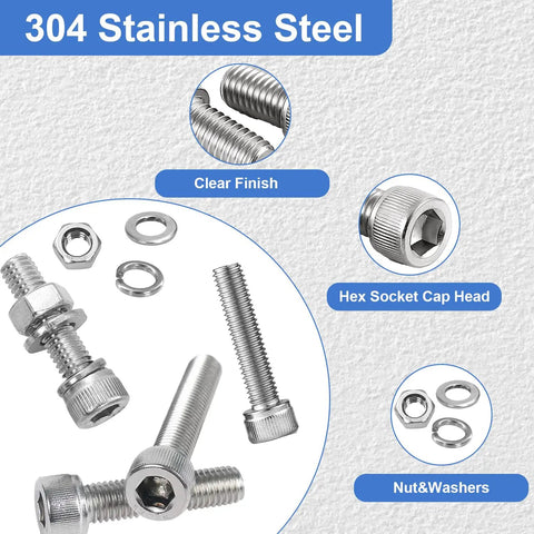 304 stainless steel hex socket head cap screws with nuts and washers from Score a Solid 1600 Pcs M3 M4 M5 M6 Metric Screw Assortment Kit.